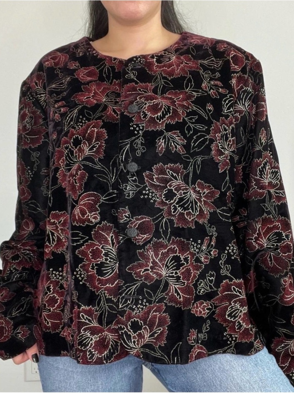 Norton McNaughton Black Velvet Floral Jacket with Burgundy Embroidery